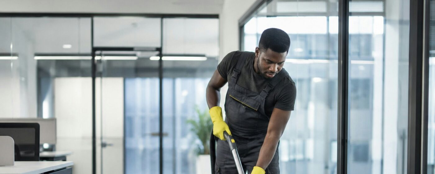 Cleaning professional in yellow gloves vacuuming the floor of a commercial office